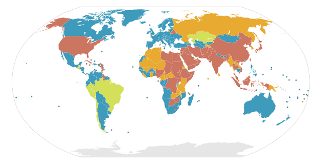 次の図は2012年1月時点における世界各国の死刑制度の状況を表した地図である。